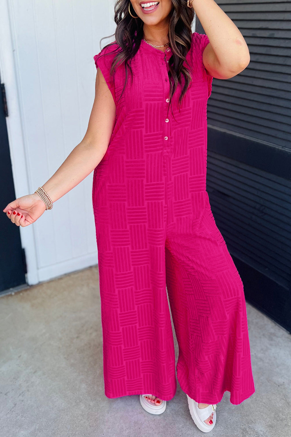 Bright Pink Terry Textured Sleeveless Button Front Wide Leg Jumpsuit - MAD RUFFI