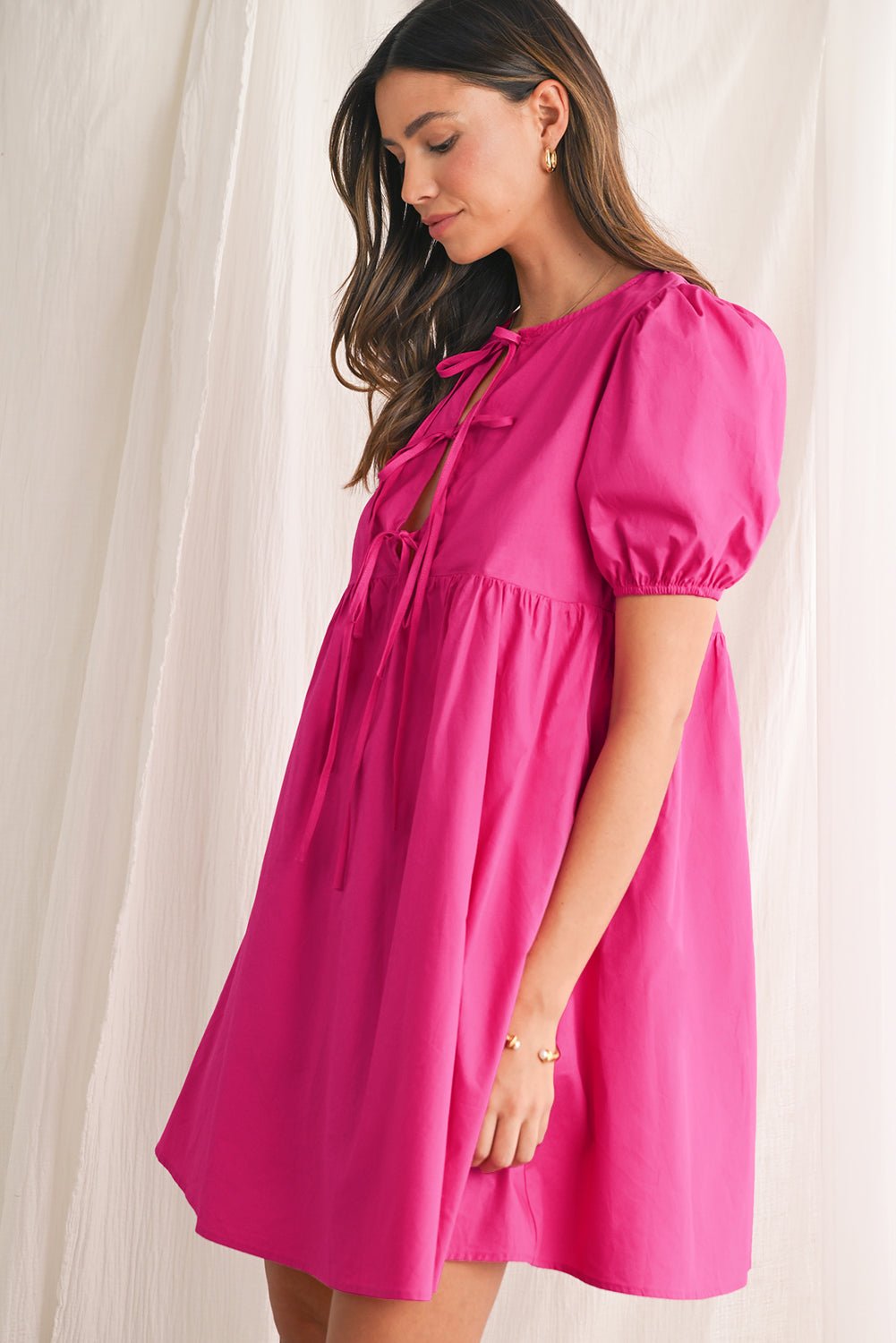 Bright Pink Tie Front Puff Sleeve Mini Dress - MAD RUFFI