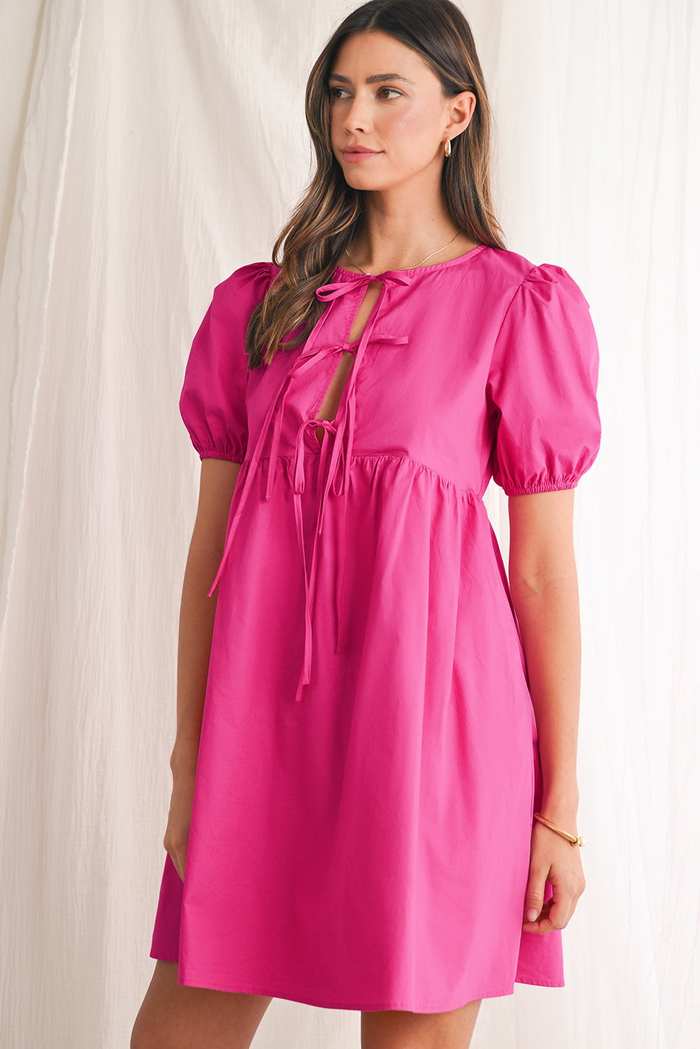 Bright Pink Tie Front Puff Sleeve Mini Dress - MAD RUFFI