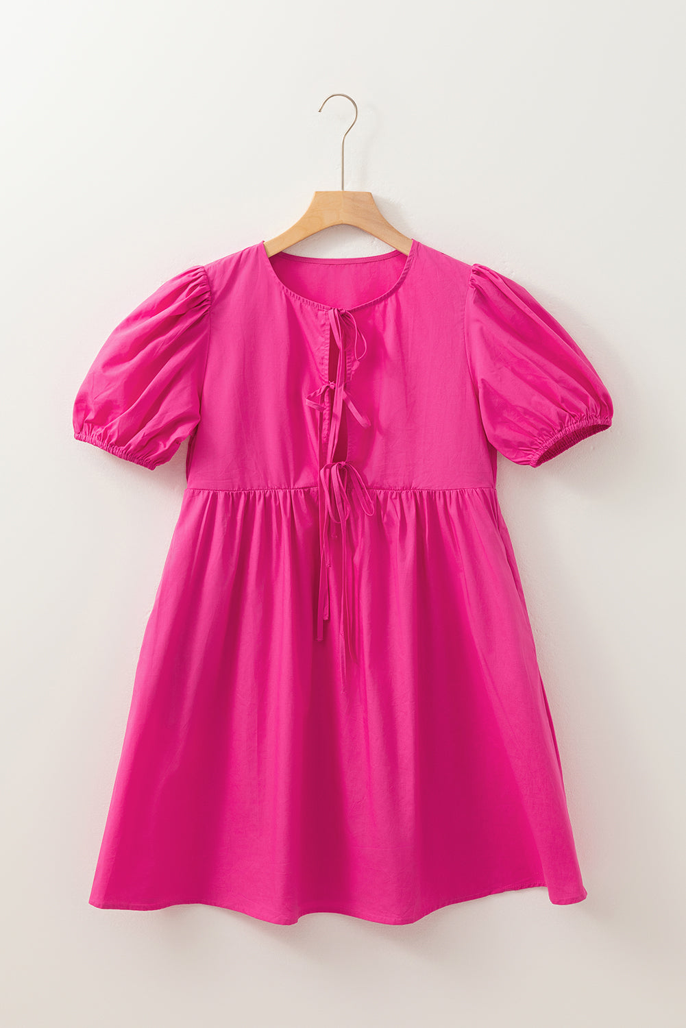 Bright Pink Tie Front Puff Sleeve Mini Dress - MAD RUFFI