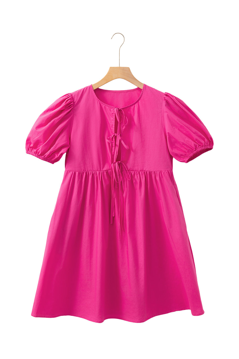 Bright Pink Tie Front Puff Sleeve Mini Dress - MAD RUFFI