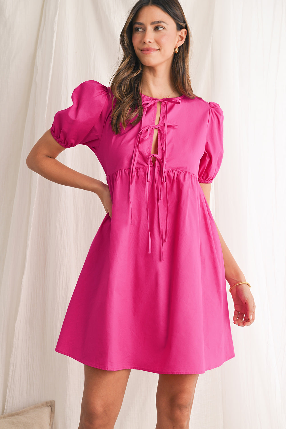 Bright Pink Tie Front Puff Sleeve Mini Dress - MAD RUFFI