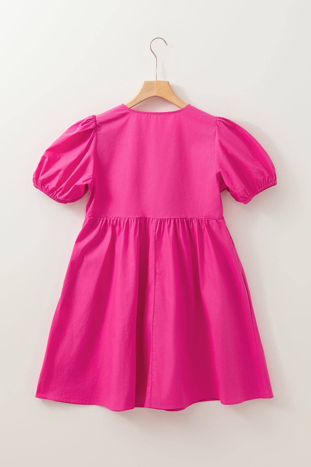 Bright Pink Tie Front Puff Sleeve Mini Dress - MAD RUFFI