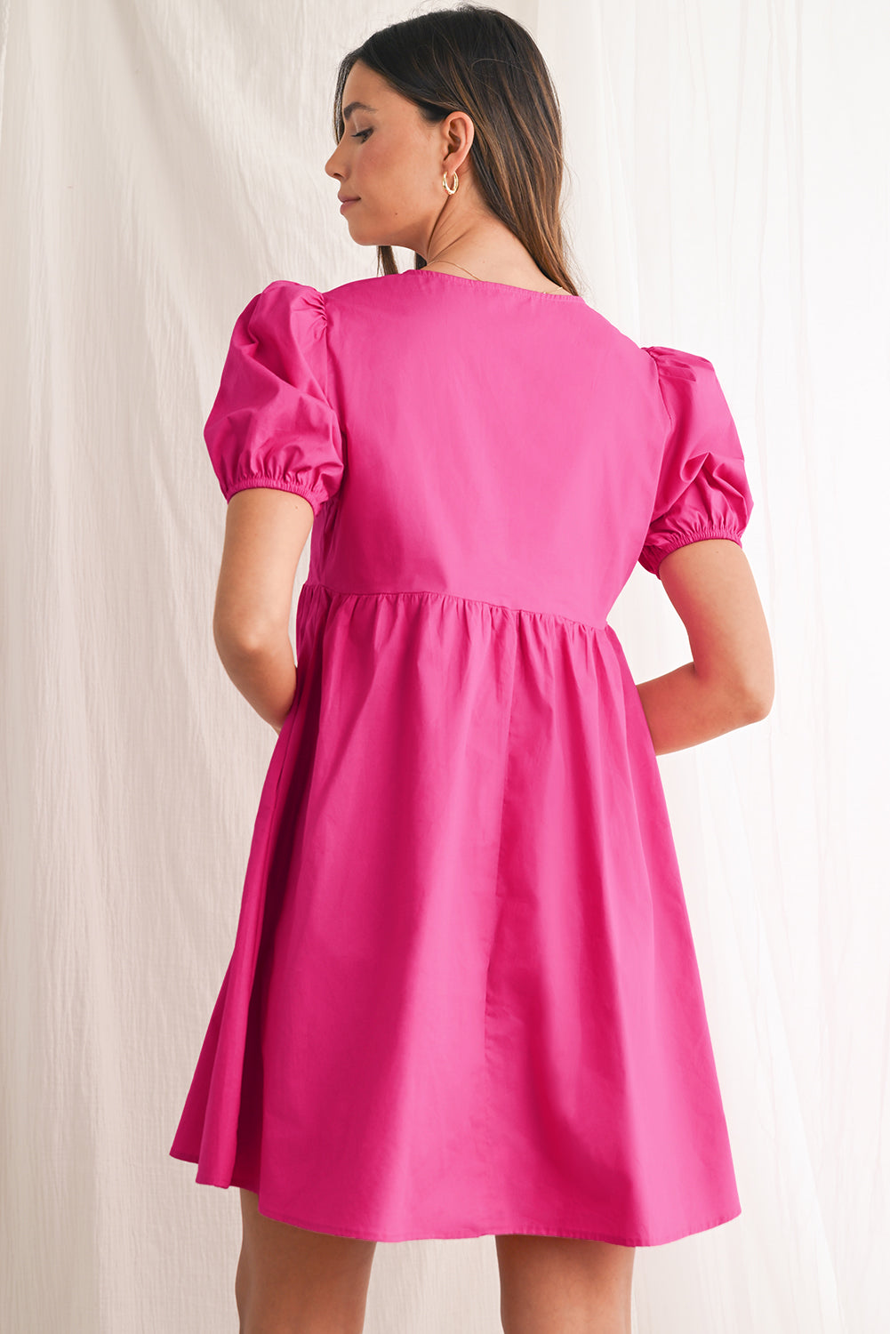 Bright Pink Tie Front Puff Sleeve Mini Dress - MAD RUFFI