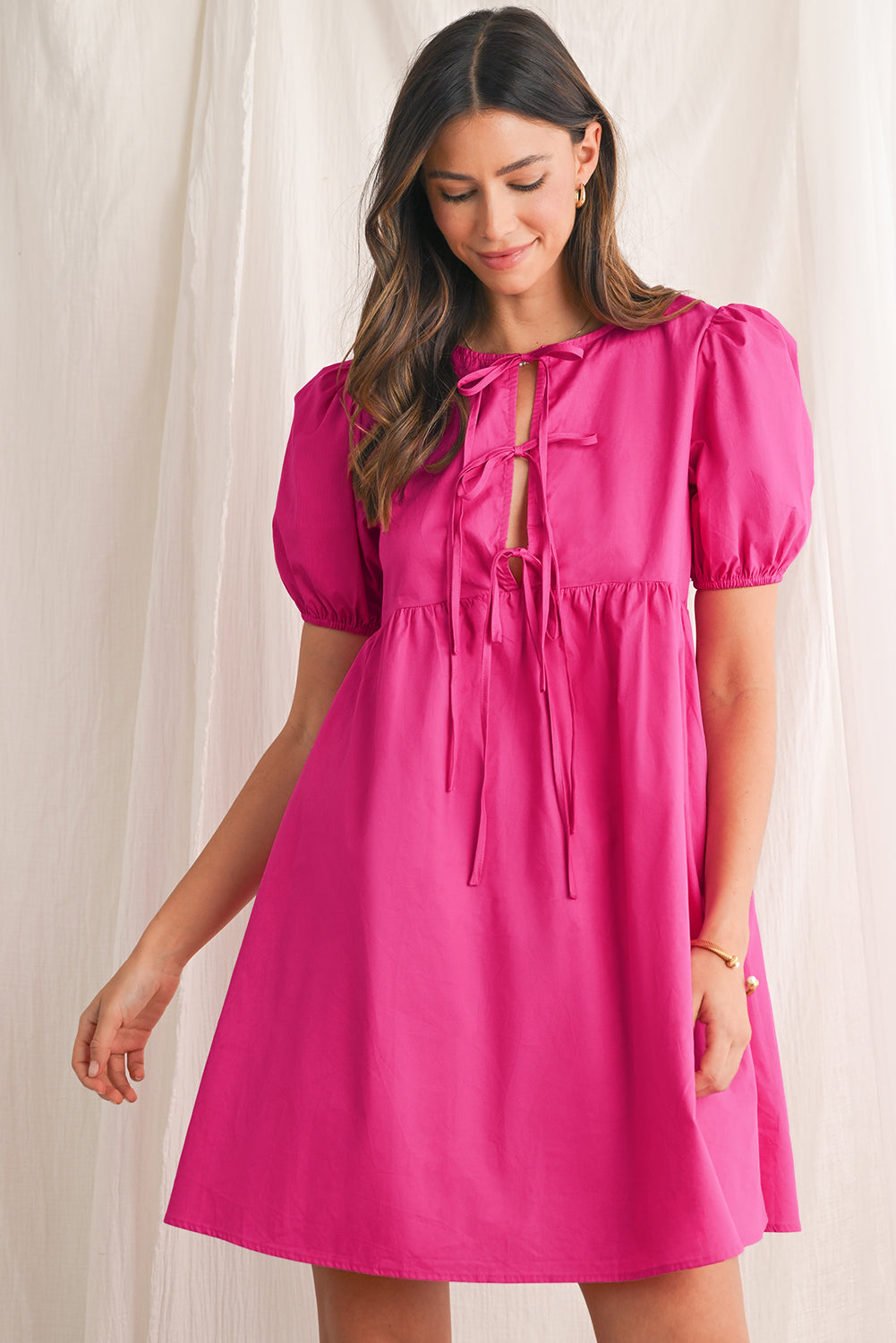 Bright Pink Tie Front Puff Sleeve Mini Dress - MAD RUFFI