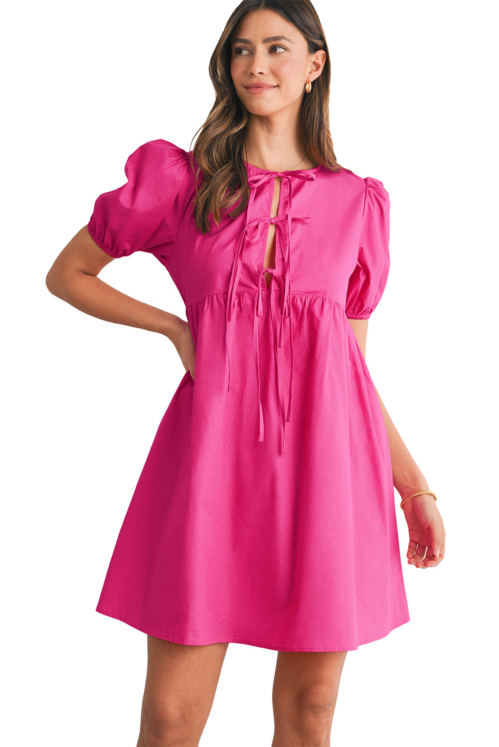 Bright Pink Tie Front Puff Sleeve Mini Dress - MAD RUFFI