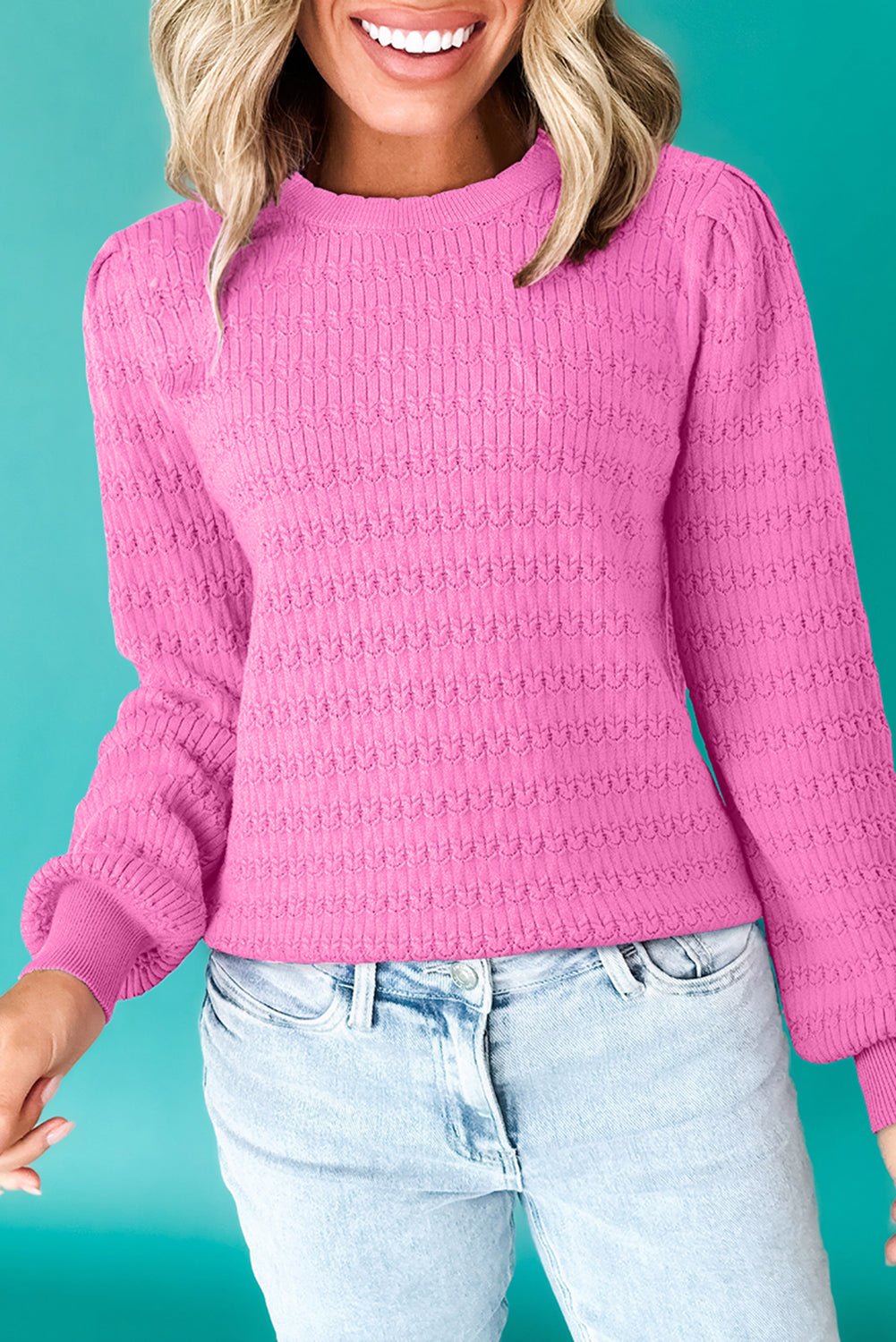 Bright Pink Trendy Pattern Knit Ribbed Cuffs Crew Neck Sweater - MAD RUFFI