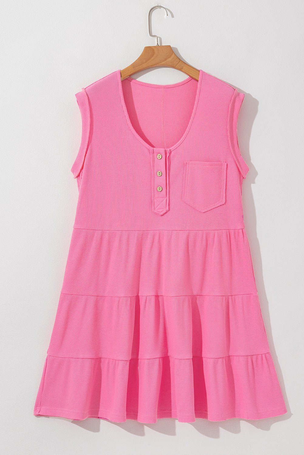 Bright Pink Waffle Sleeveless Henley A - line Tiered Mini Dress - MAD RUFFI