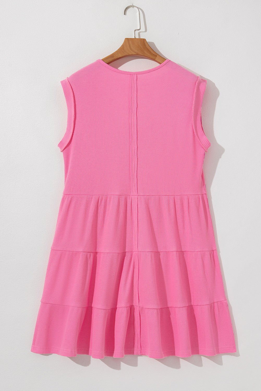 Bright Pink Waffle Sleeveless Henley A - line Tiered Mini Dress - MAD RUFFI