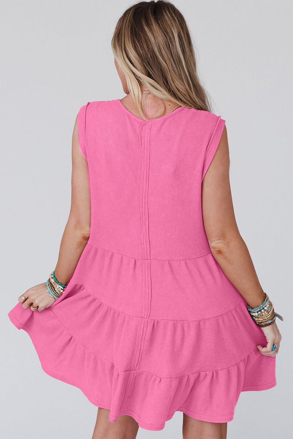 Bright Pink Waffle Sleeveless Henley A - line Tiered Mini Dress - MAD RUFFI
