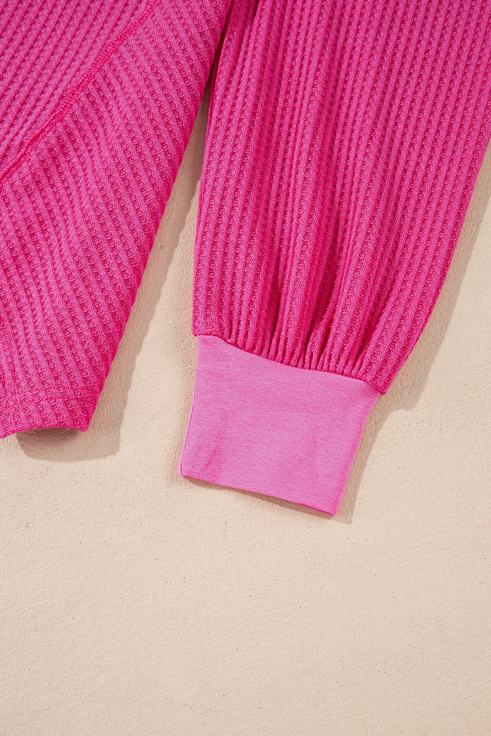 Bright Pink Waffle V Neck Drop Shoulder Long Sleeve Loose Top - MAD RUFFI