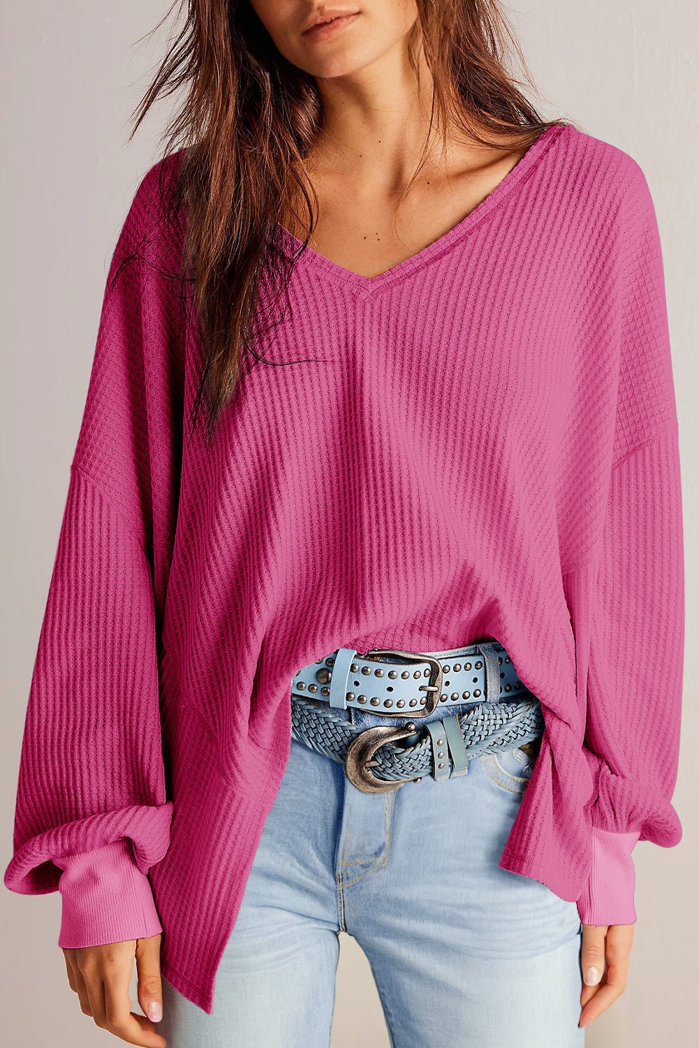 Bright Pink Waffle V Neck Drop Shoulder Long Sleeve Loose Top - MAD RUFFI