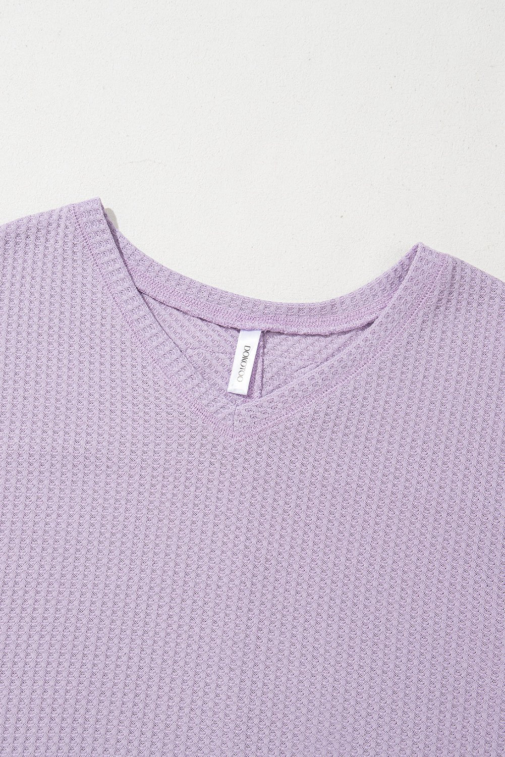 Bright Pink Waffle V Neck Drop Shoulder Long Sleeve Loose Top - MAD RUFFI