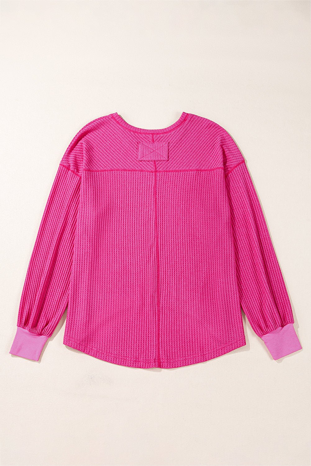 Bright Pink Waffle V Neck Drop Shoulder Long Sleeve Loose Top - MAD RUFFI