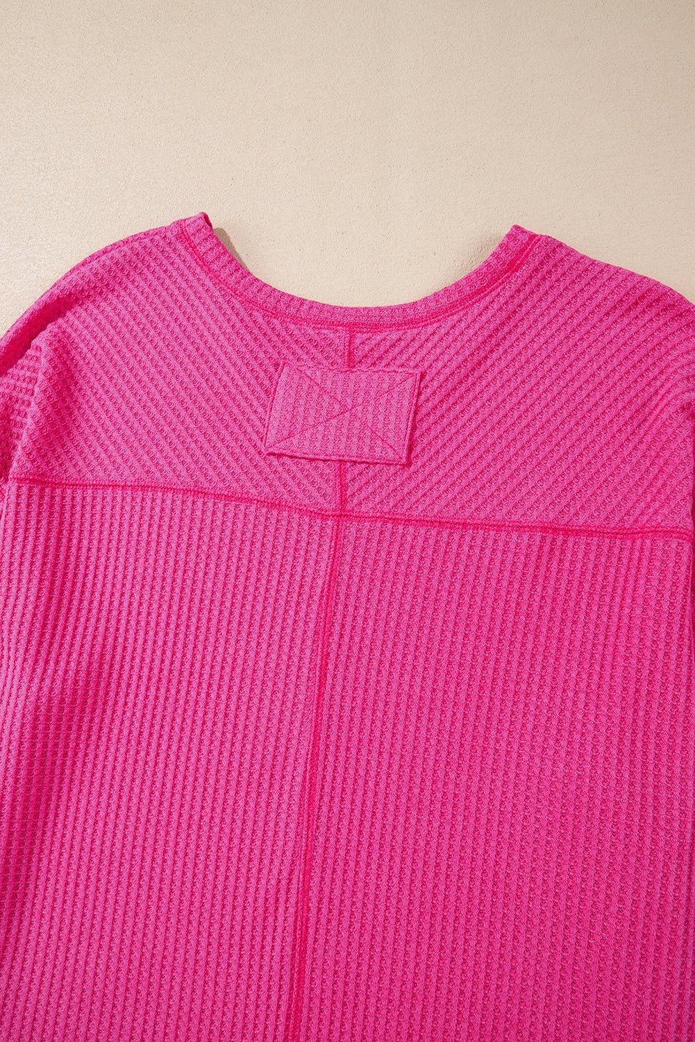 Bright Pink Waffle V Neck Drop Shoulder Long Sleeve Loose Top - MAD RUFFI