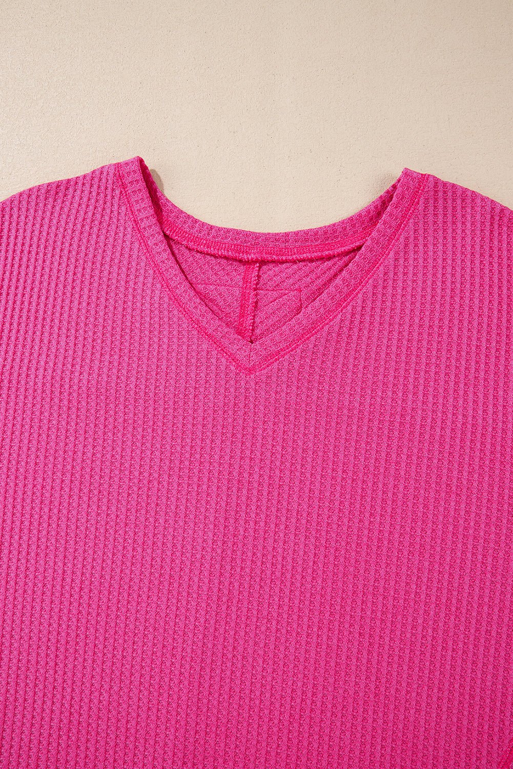 Bright Pink Waffle V Neck Drop Shoulder Long Sleeve Loose Top - MAD RUFFI