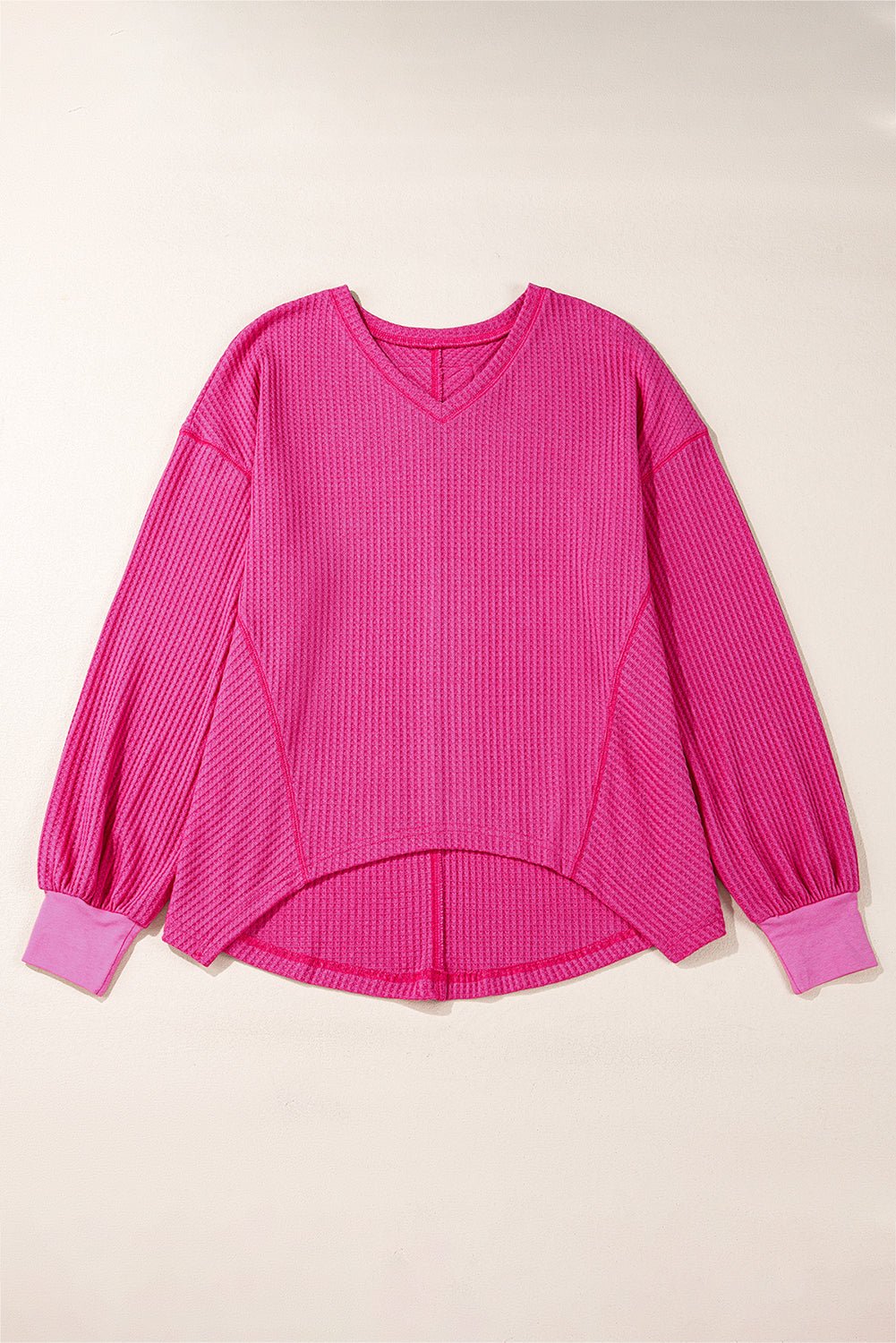 Bright Pink Waffle V Neck Drop Shoulder Long Sleeve Loose Top - MAD RUFFI