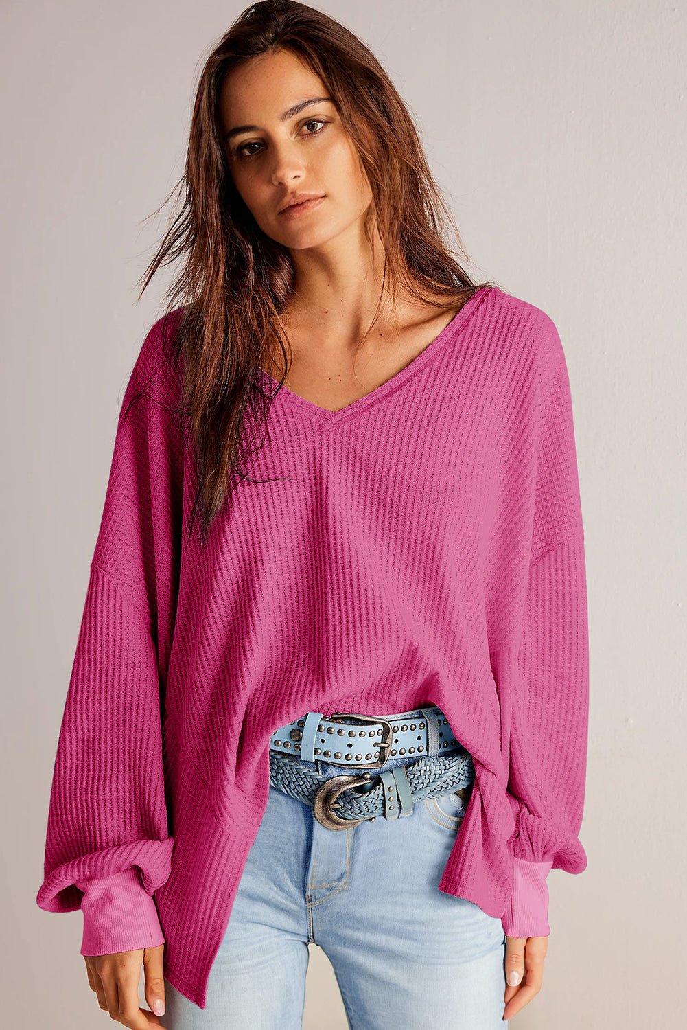 Bright Pink Waffle V Neck Drop Shoulder Long Sleeve Loose Top - MAD RUFFI