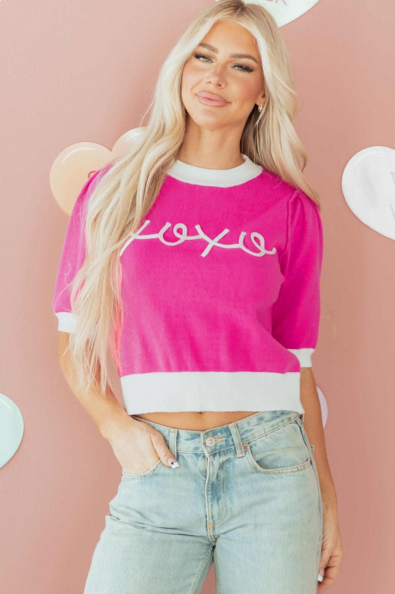 Bright Pink XOXO Embroidered Graphic Valentines Contrast Trim Crew Neck Short Puff Sleeve Sweater Tee - MAD RUFFI