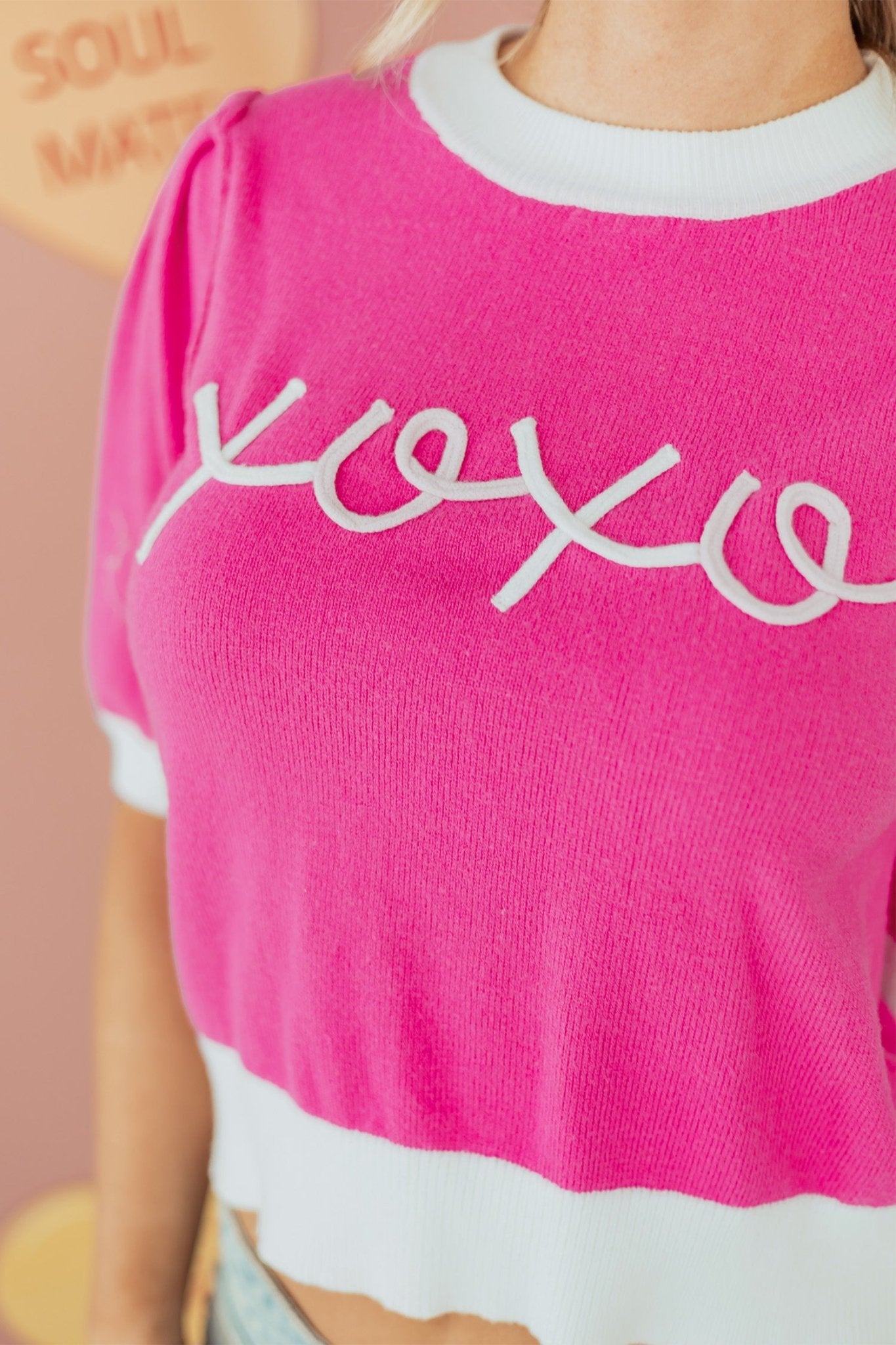 Bright Pink XOXO Embroidered Graphic Valentines Contrast Trim Crew Neck Short Puff Sleeve Sweater Tee - MAD RUFFI