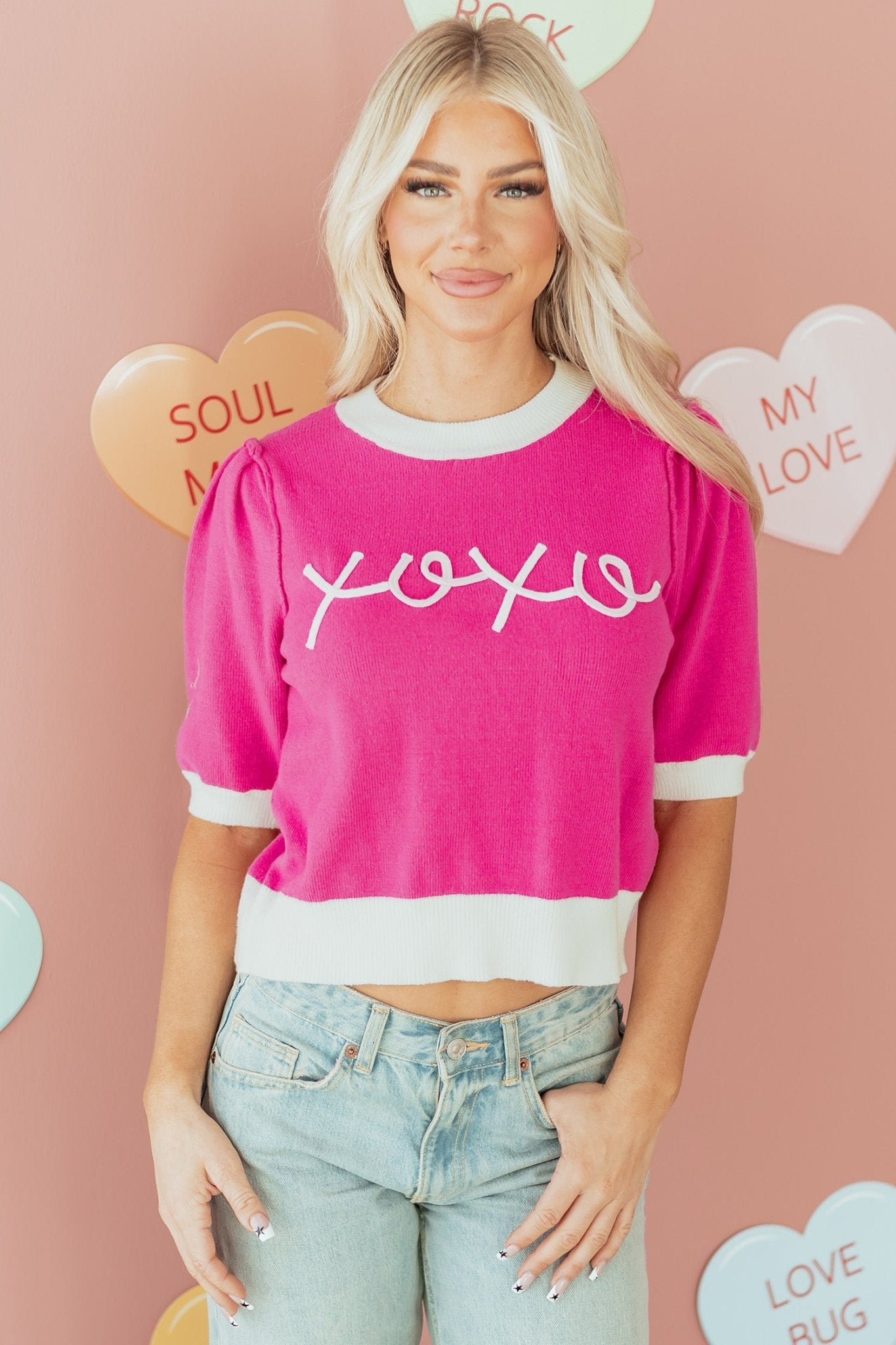 Bright Pink XOXO Embroidered Graphic Valentines Contrast Trim Crew Neck Short Puff Sleeve Sweater Tee - MAD RUFFI