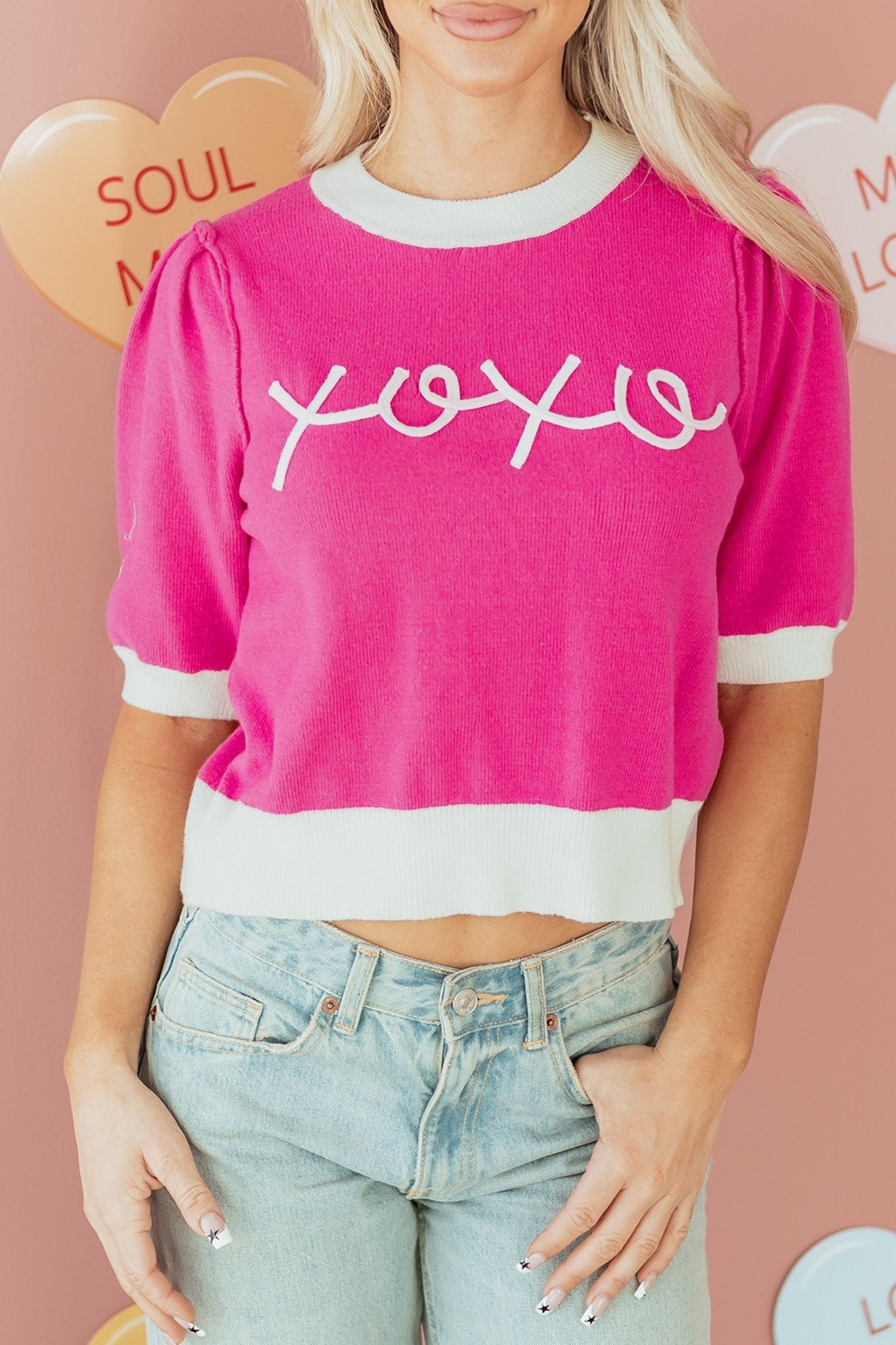Bright Pink XOXO Embroidered Graphic Valentines Contrast Trim Crew Neck Short Puff Sleeve Sweater Tee - MAD RUFFI