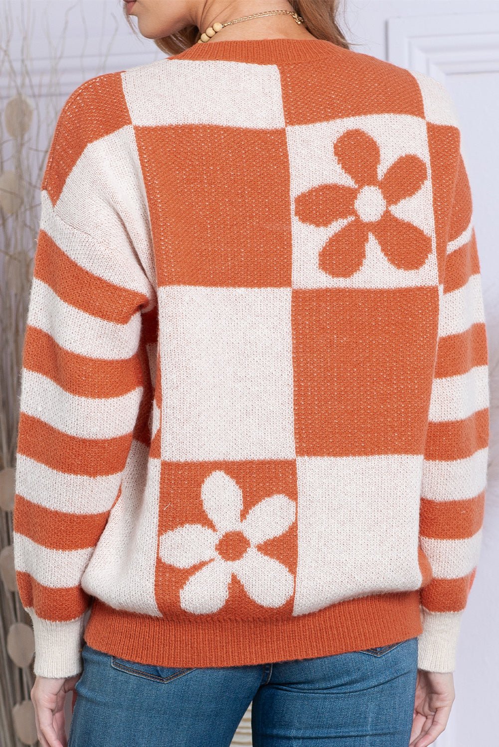 Brown 60s Floral Checkered and Striped Knitted Pullover Sweater - MAD RUFFI