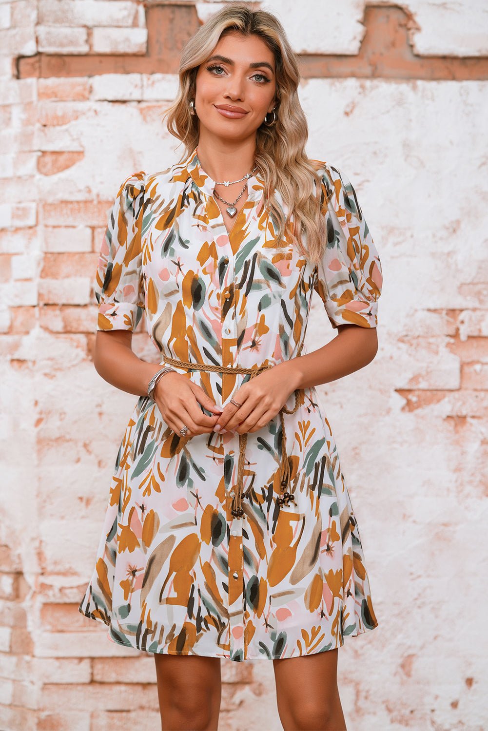 Brown Abstract Puff Sleeve Button Up Braided Belt Mini Dress - MAD RUFFI