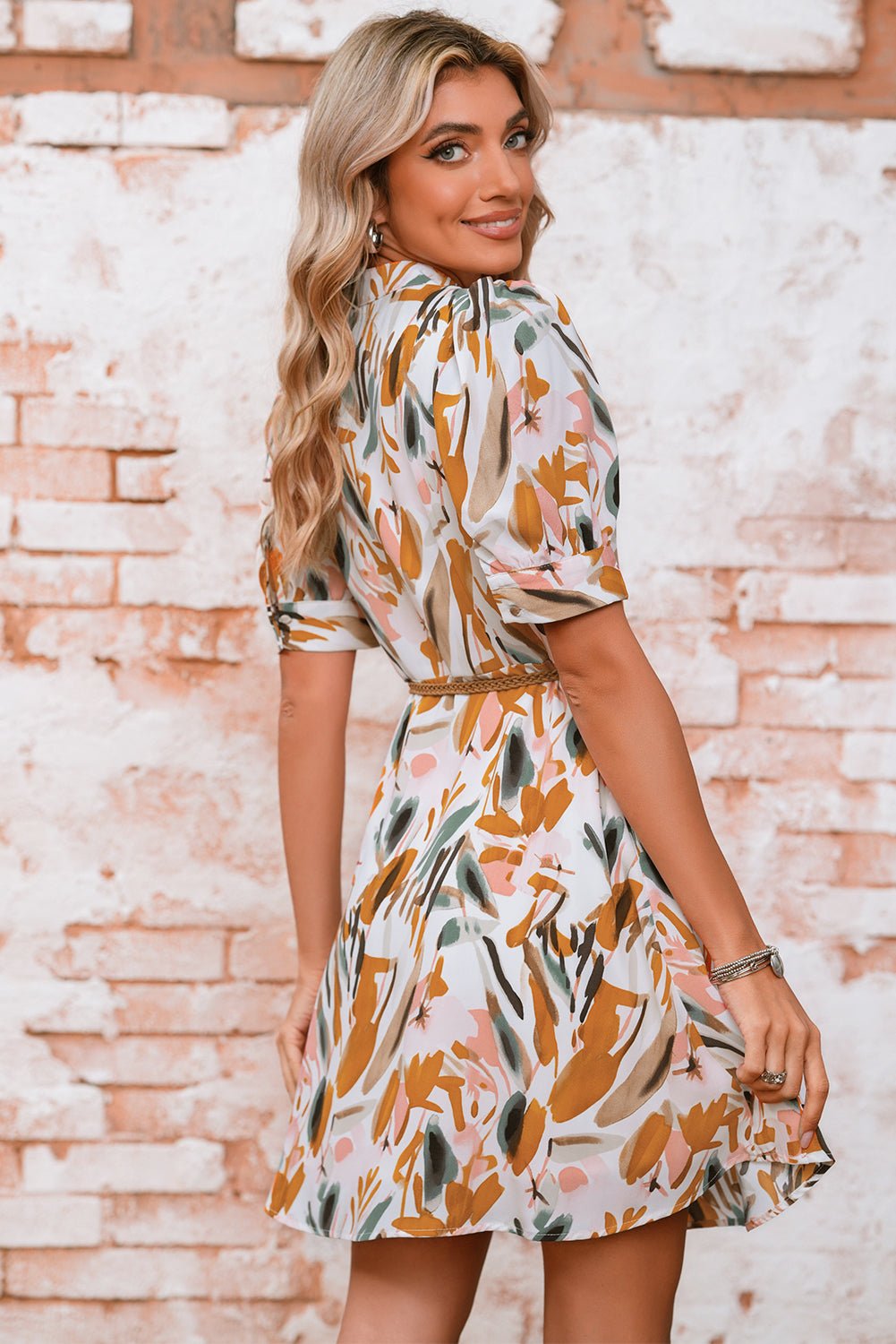 Brown Abstract Puff Sleeve Button Up Braided Belt Mini Dress - MAD RUFFI