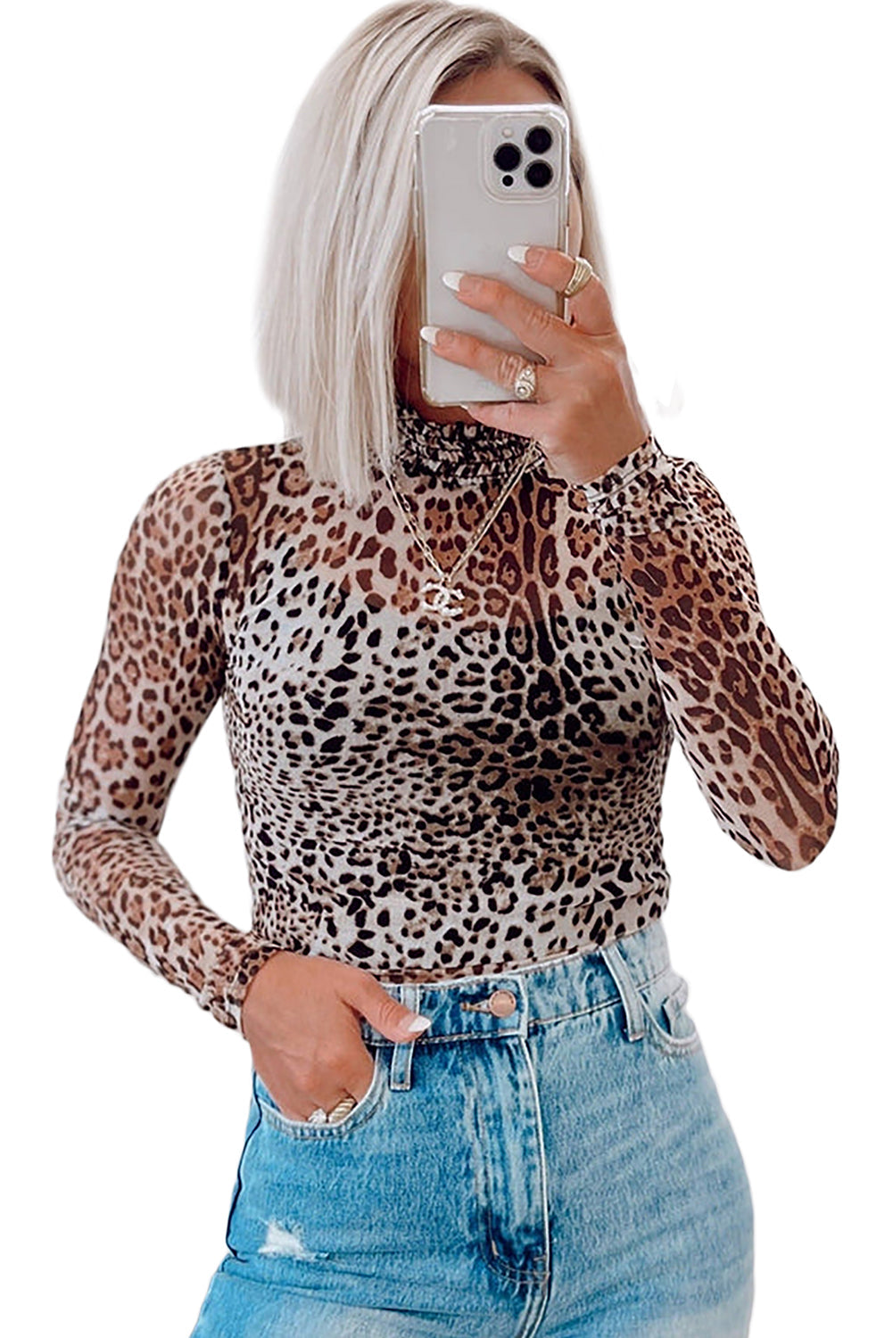 Brown Allover Leopard Print Smocked Neck Mesh Bodysuit - MAD RUFFI