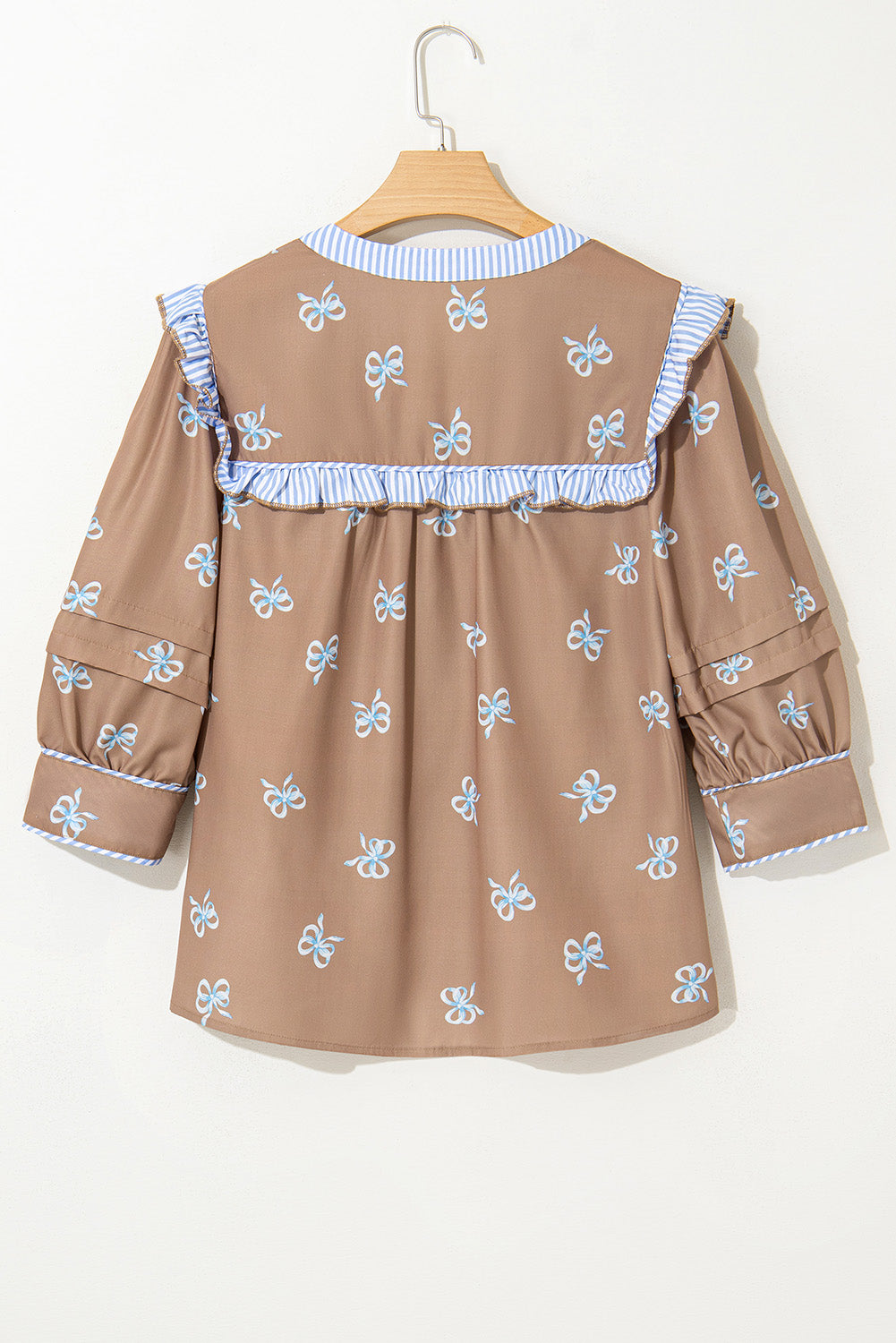 Brown Bow Print V Neck Puff Sleeve Blouse - MAD RUFFI