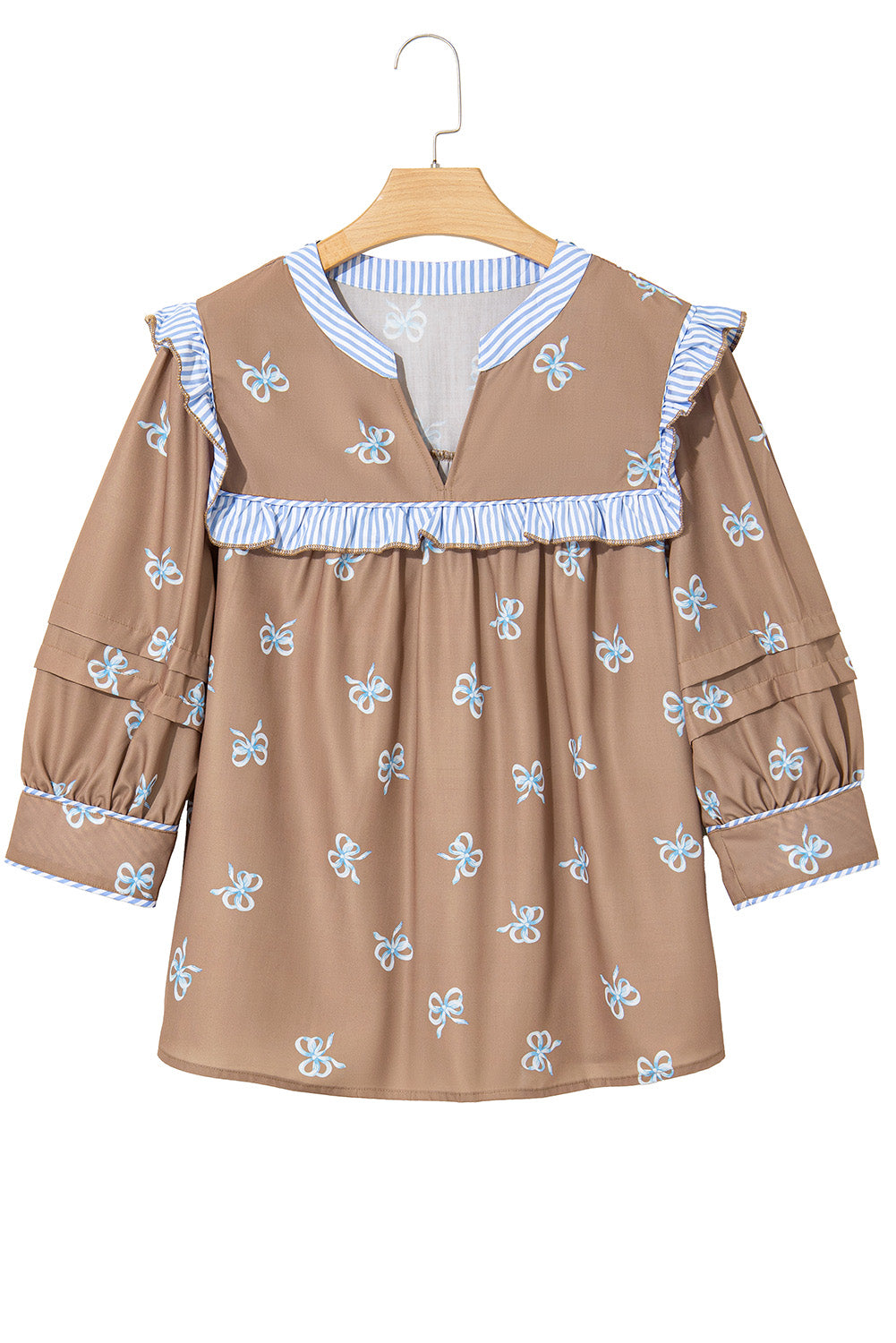 Brown Bow Print V Neck Puff Sleeve Blouse - MAD RUFFI