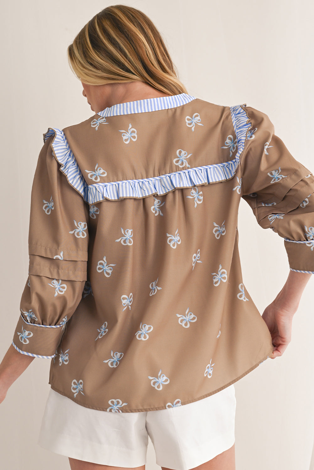 Brown Bow Print V Neck Puff Sleeve Blouse - MAD RUFFI