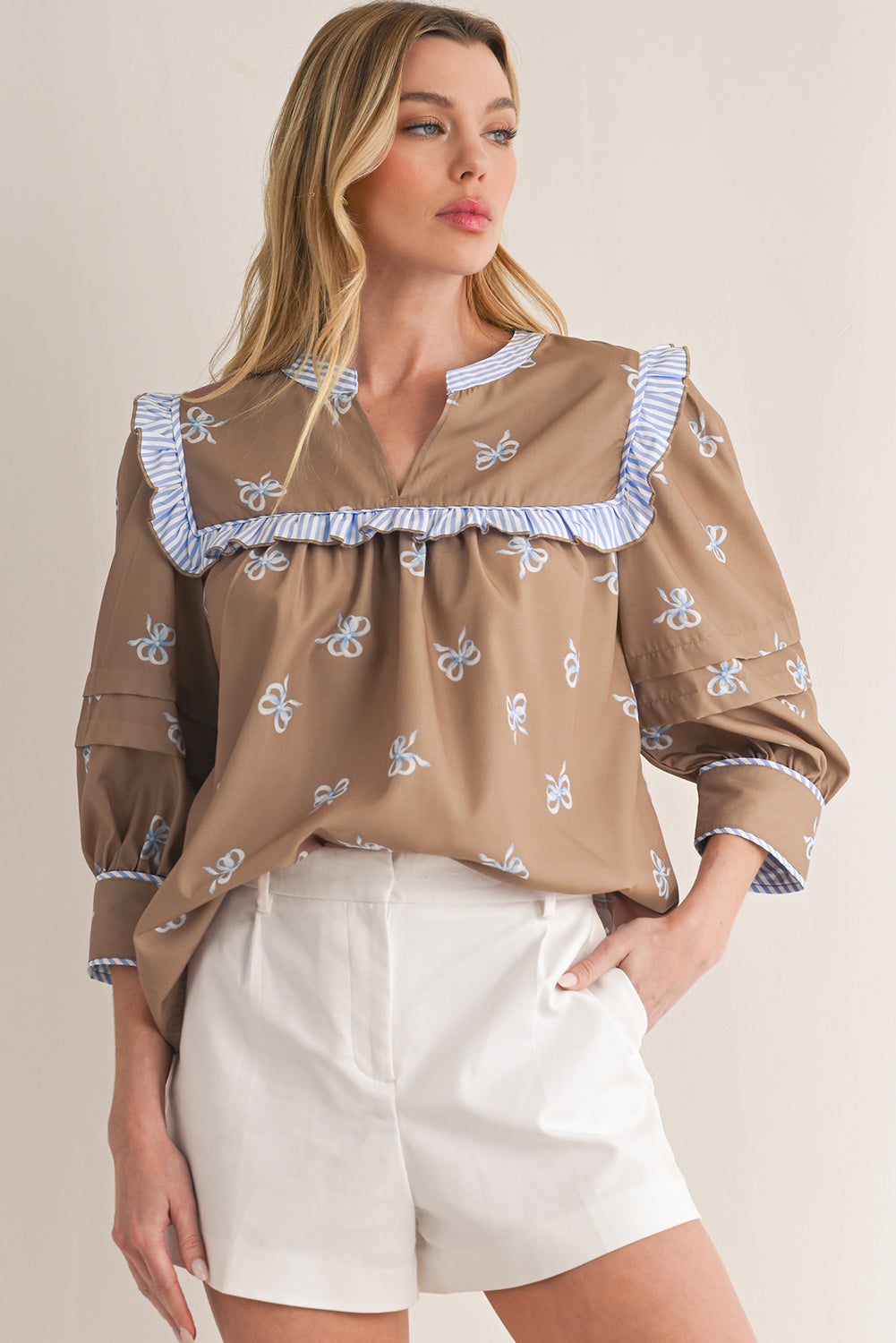 Brown Bow Print V Neck Puff Sleeve Blouse - MAD RUFFI