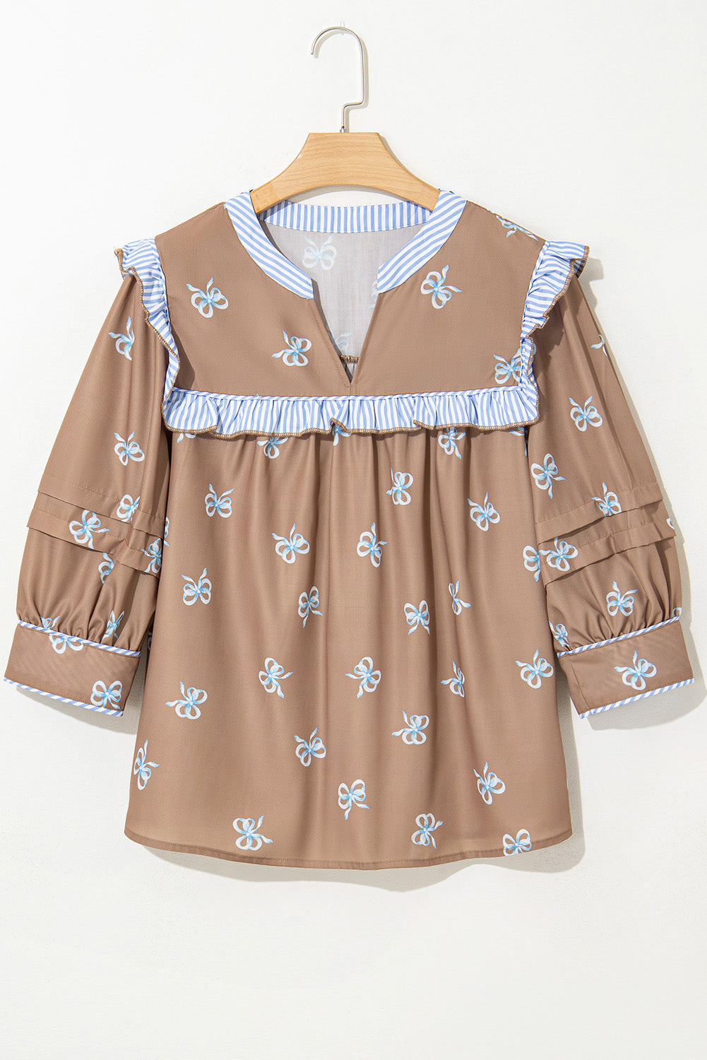 Brown Bow Print V Neck Puff Sleeve Blouse - MAD RUFFI