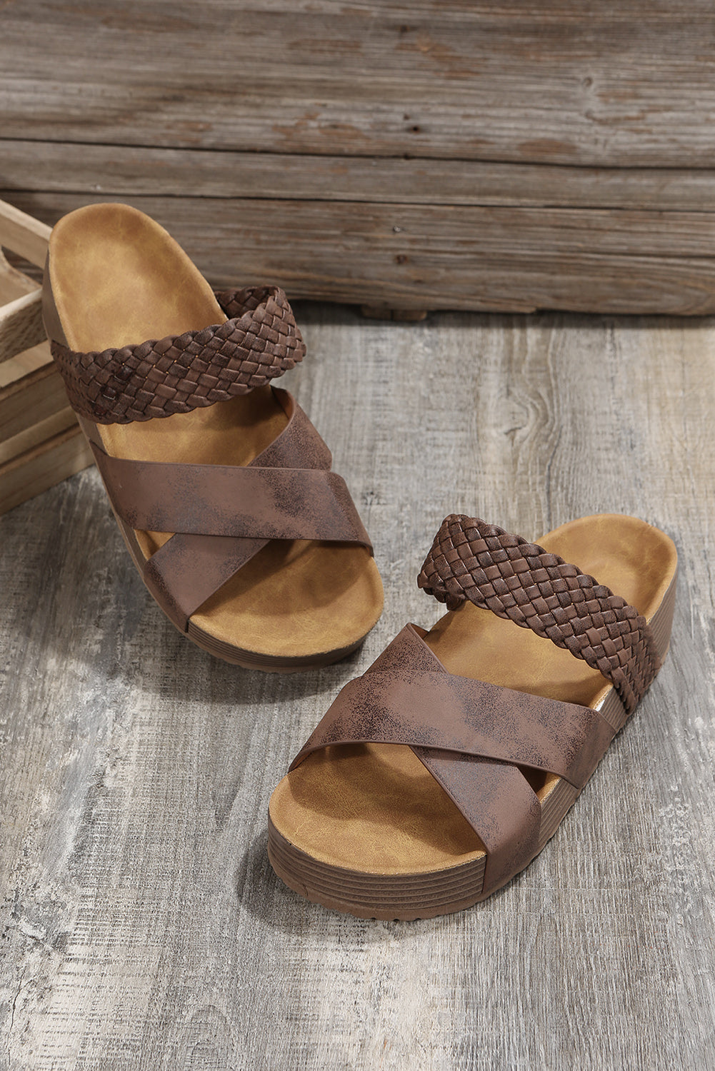 Brown Braided Detail Criss Cross Platform Slides Shoes - MAD RUFFI