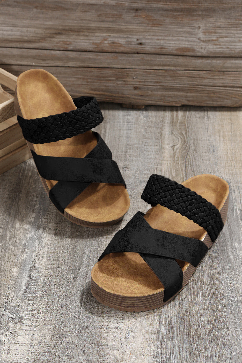 Brown Braided Detail Criss Cross Platform Slides Shoes - MAD RUFFI