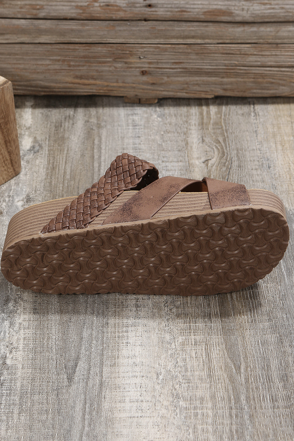 Brown Braided Detail Criss Cross Platform Slides Shoes - MAD RUFFI