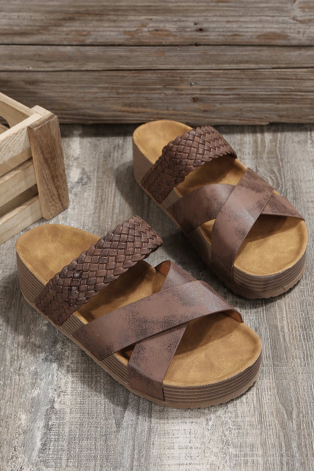 Brown Braided Detail Criss Cross Platform Slides Shoes - MAD RUFFI