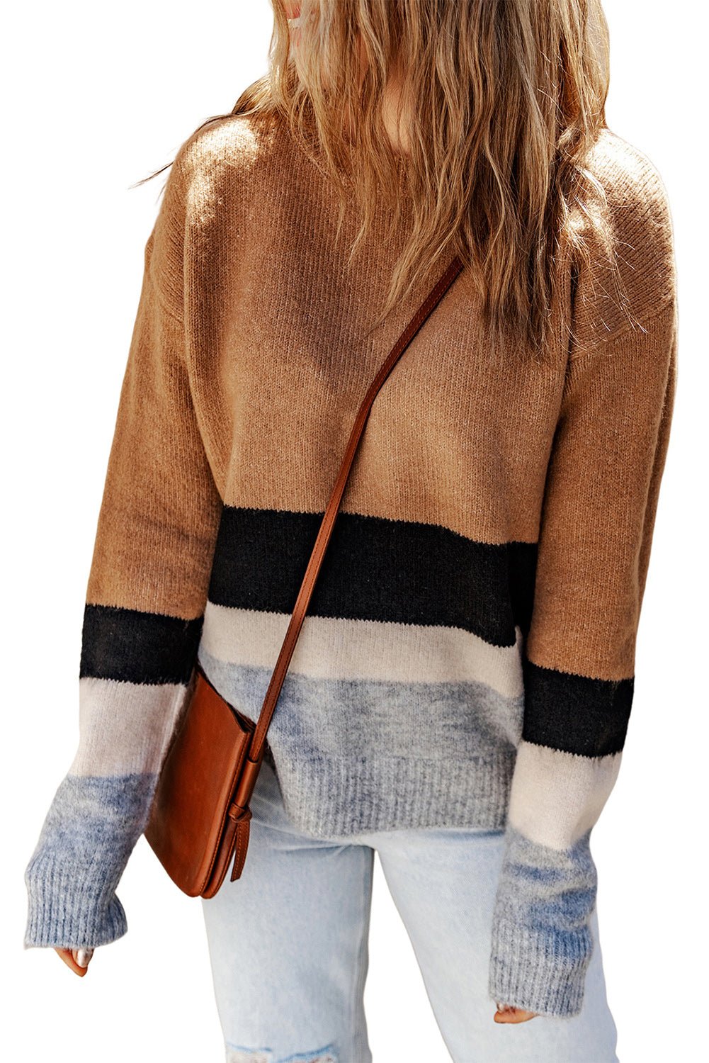 Brown Casual Striped Colorblock Ribbed Knit Sweater - MAD RUFFI