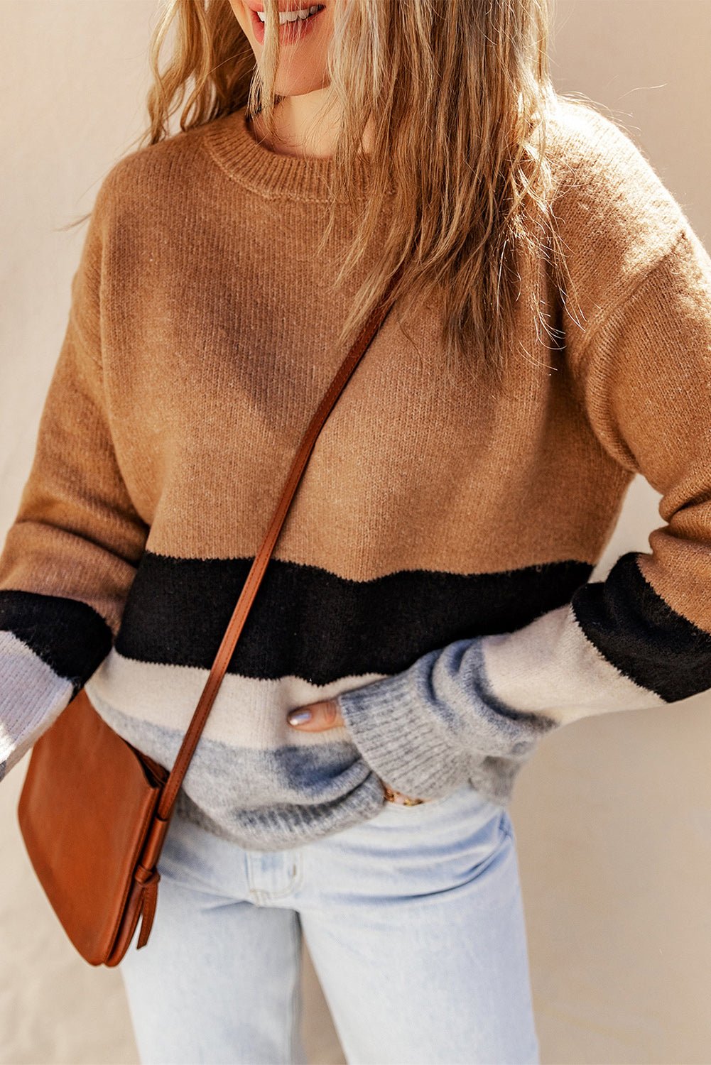 Brown Casual Striped Colorblock Ribbed Knit Sweater - MAD RUFFI