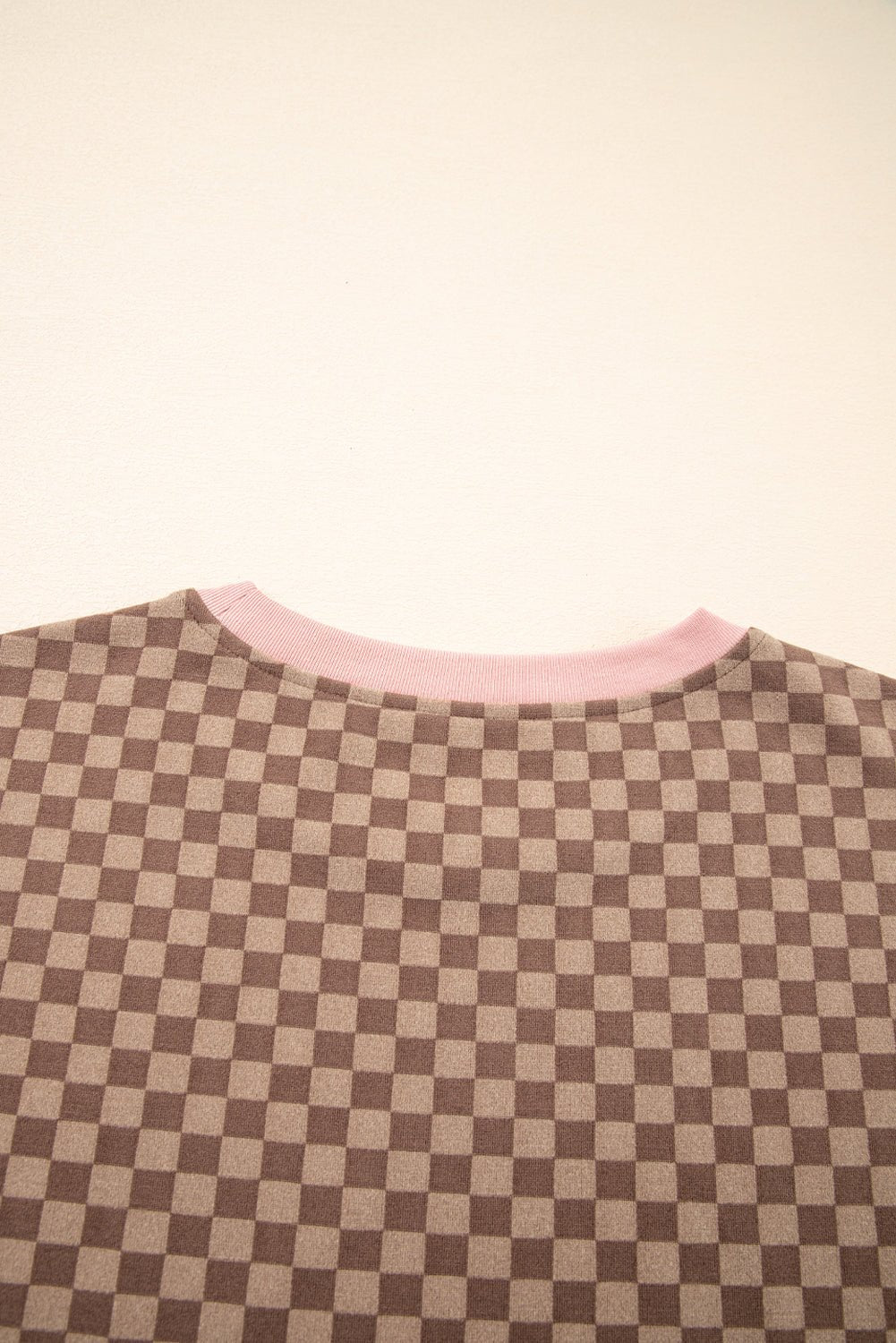 Brown Checkerboard Contrast Trim Long Sleeve Pullover and Shorts Set - MAD RUFFI