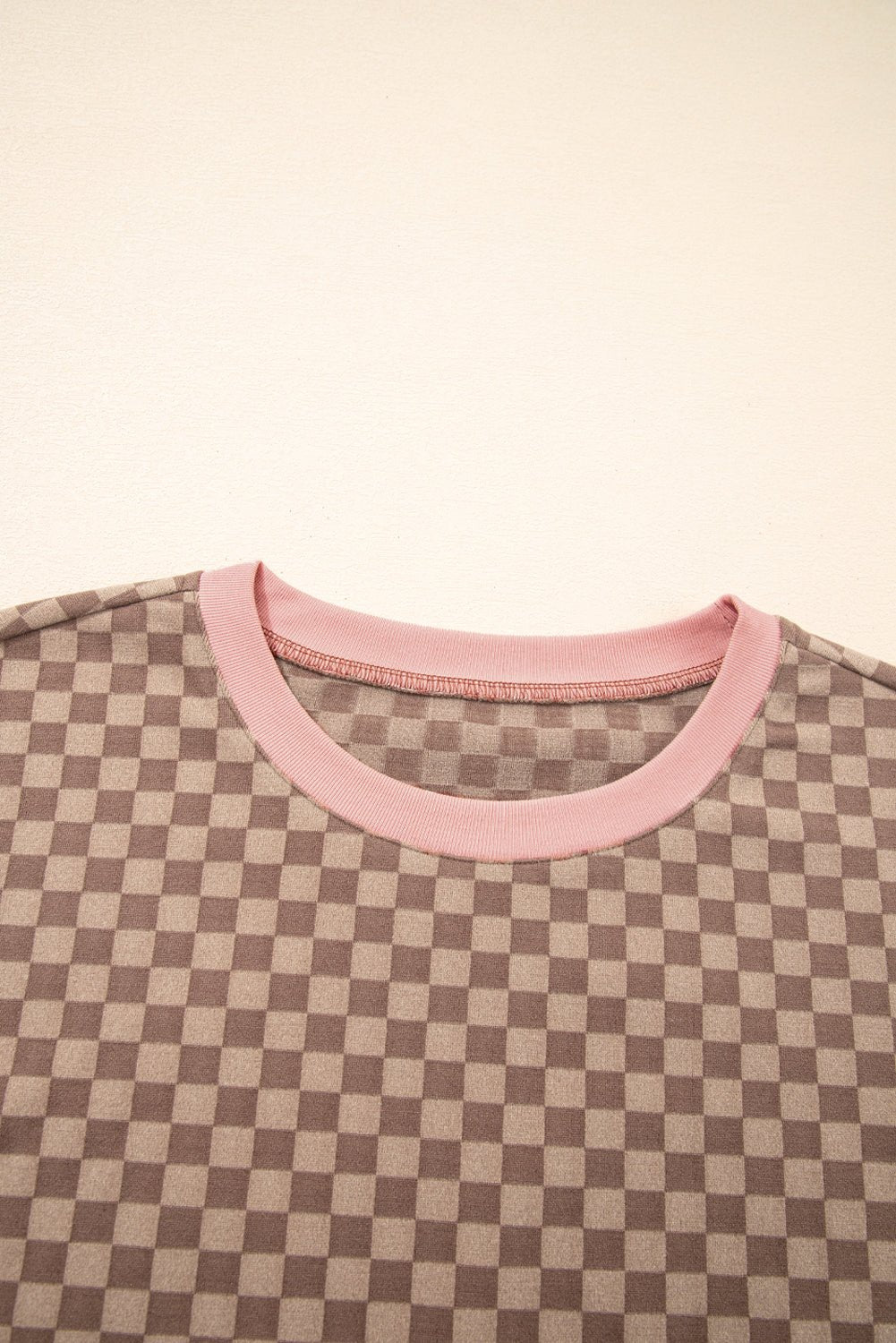 Brown Checkerboard Contrast Trim Long Sleeve Pullover and Shorts Set - MAD RUFFI