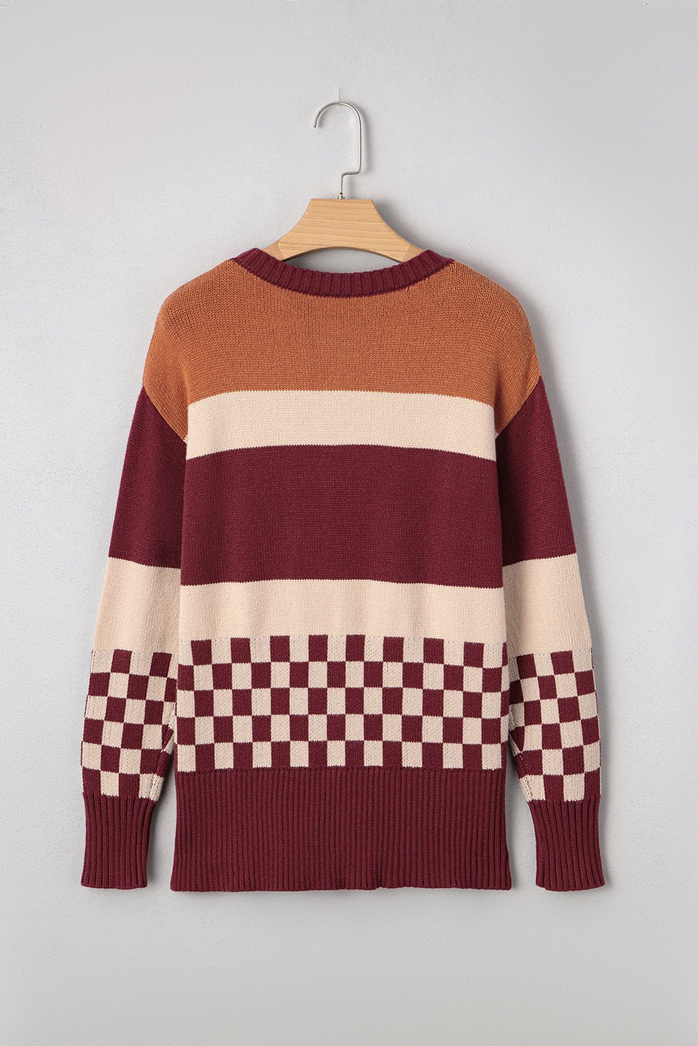 Brown Checkered Colorblock Knitted Drop Shoulder Sweater - MAD RUFFI