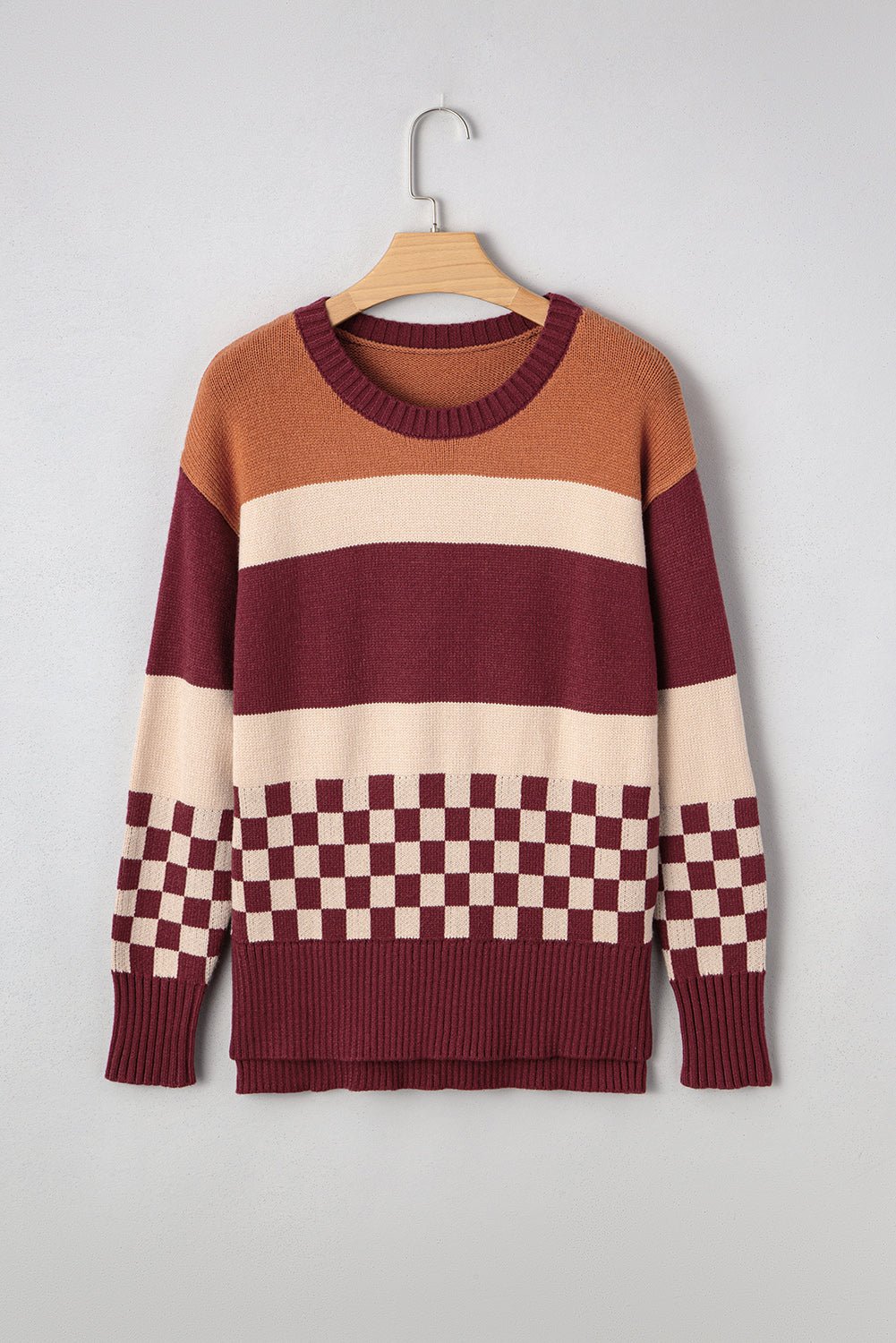Brown Checkered Colorblock Knitted Drop Shoulder Sweater - MAD RUFFI