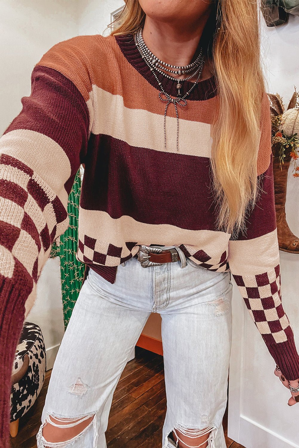 Brown Checkered Colorblock Knitted Drop Shoulder Sweater - MAD RUFFI