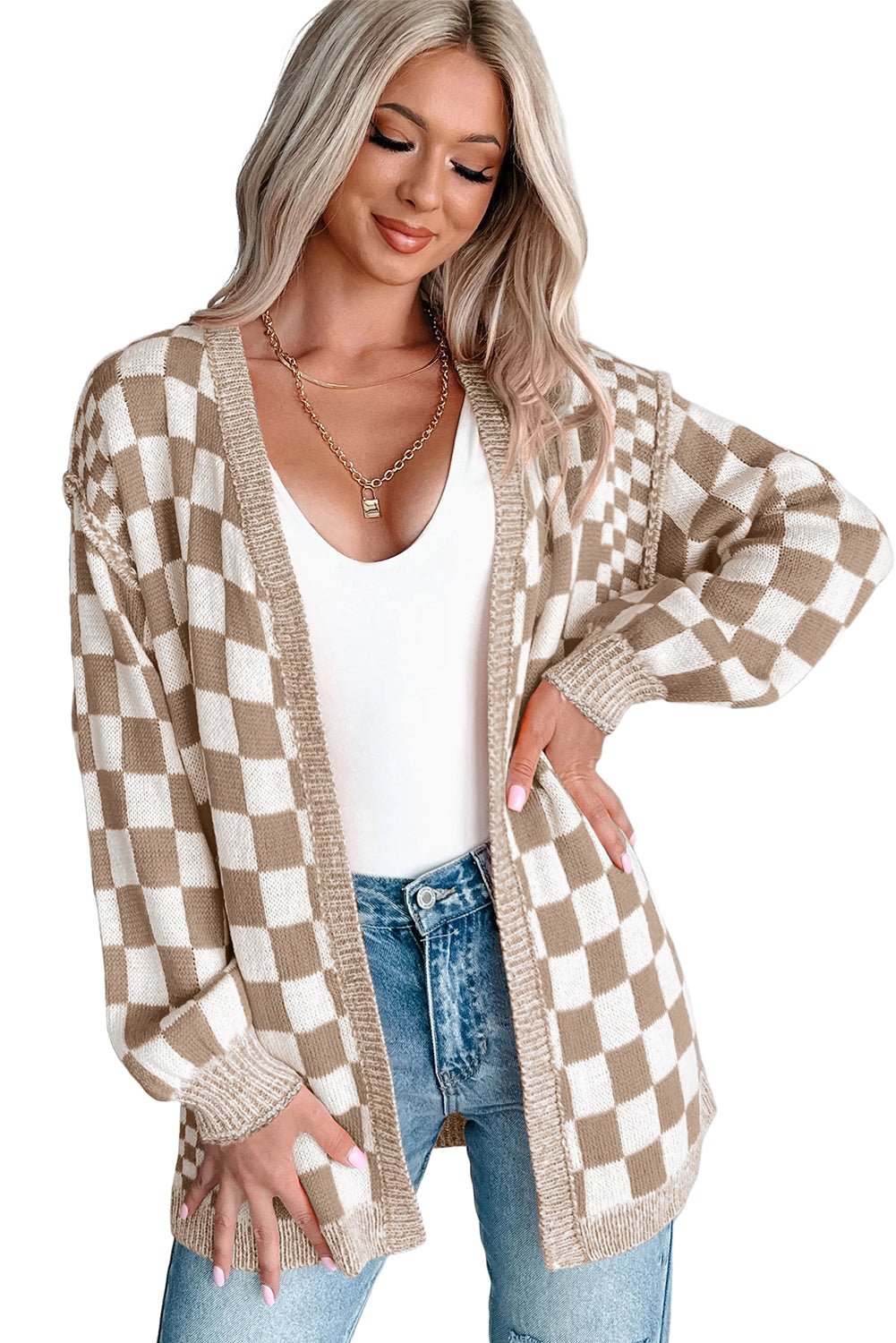 Brown Checkered Open Front Drop Shoulder Cardigan - MAD RUFFI