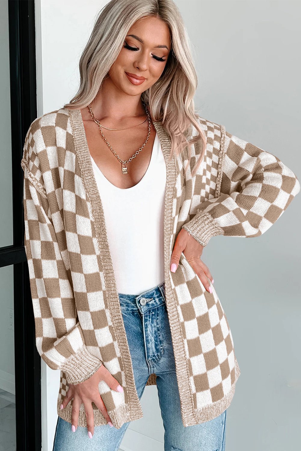 Brown Checkered Open Front Drop Shoulder Cardigan - MAD RUFFI
