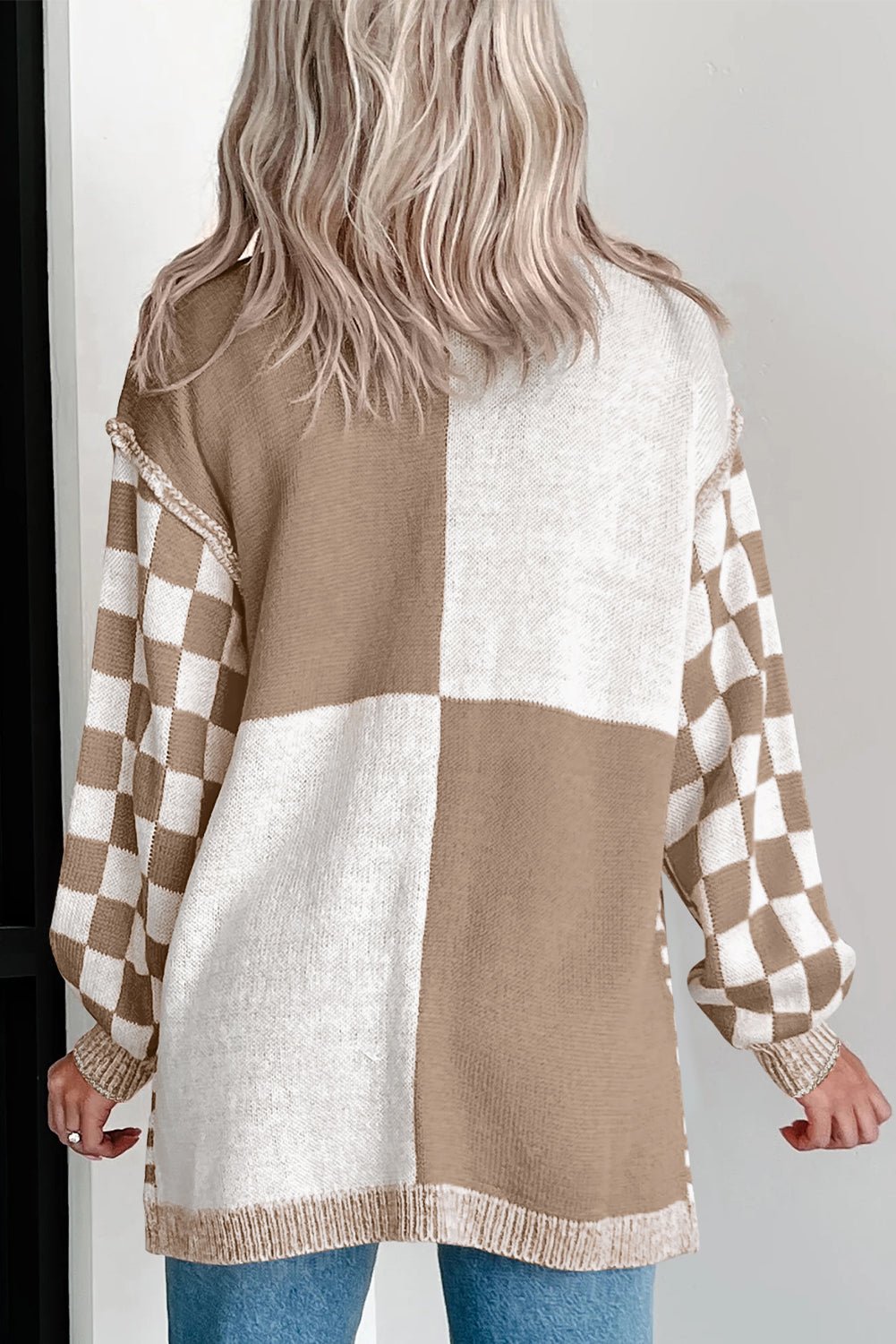 Brown Checkered Open Front Drop Shoulder Cardigan - MAD RUFFI