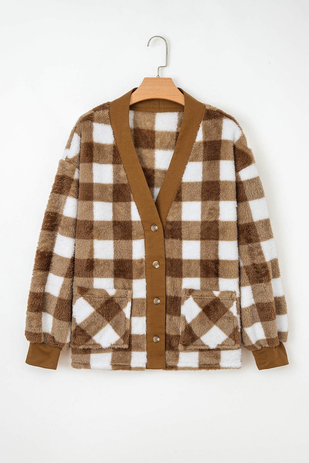 Brown Checkered Sherpa Loose Knit Cardigan with Pockets - MAD RUFFI